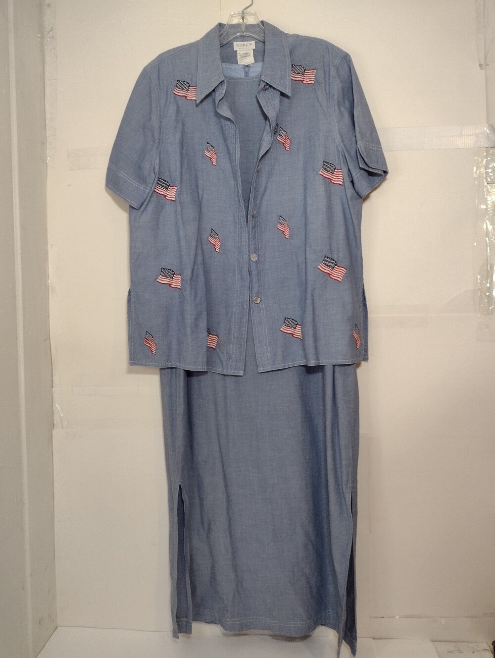 Koret Maxi Dress PatrioticLight Blue Chambray Two-Piece Set with Flag Embroidery
